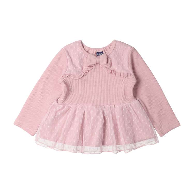 Dot tulle ribbon long sleeve T-shirt