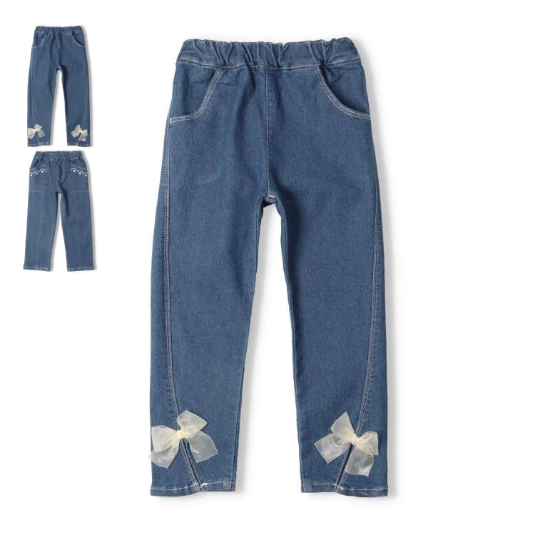 Stretch denim pants with ribbon and flower embroidery at the hem (flower embroidery, 130cm)