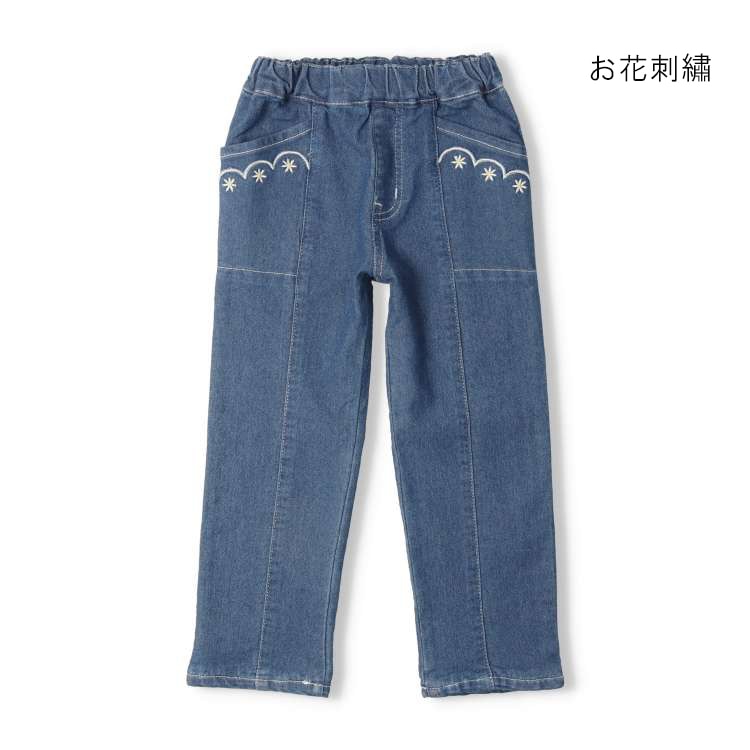 Stretch denim pants with ribbon and flower embroidery at hem