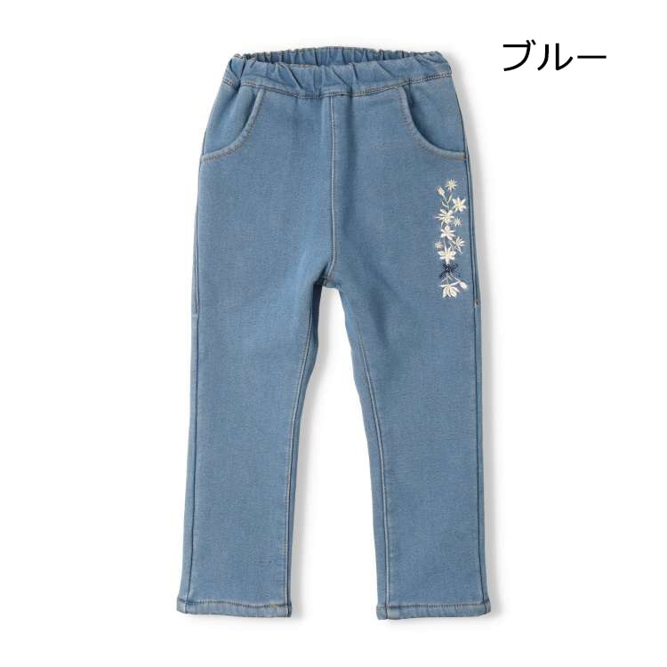 Lace and flower embroidered velour-lined denim pants