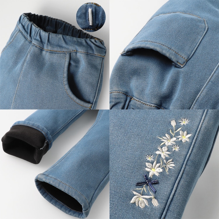 Lace and flower embroidered velour-lined denim pants