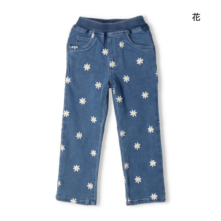 Flower and heart pattern embroidered stretch denim pants