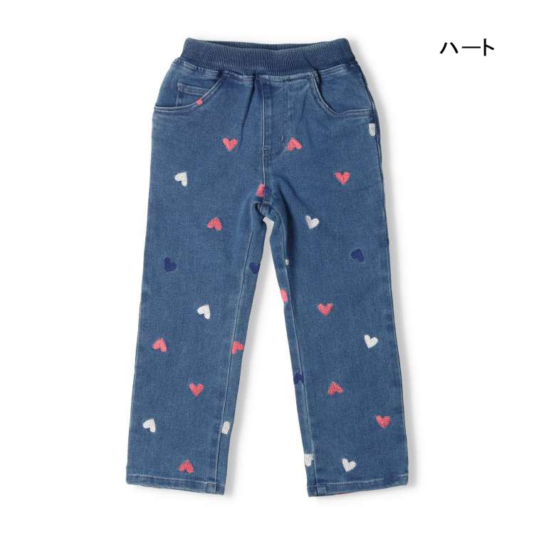 Flower and heart pattern embroidered stretch denim pants