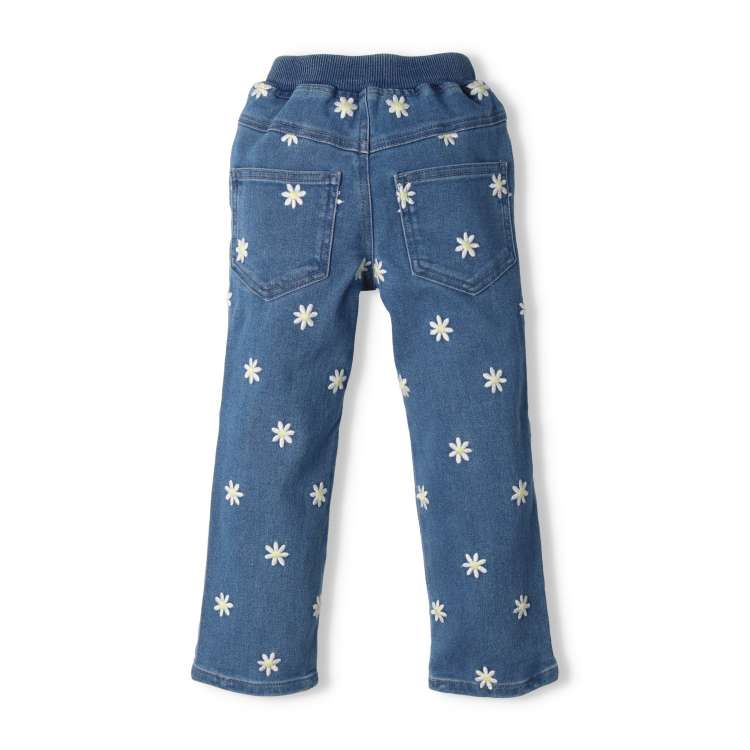 Flower and heart pattern embroidered stretch denim pants