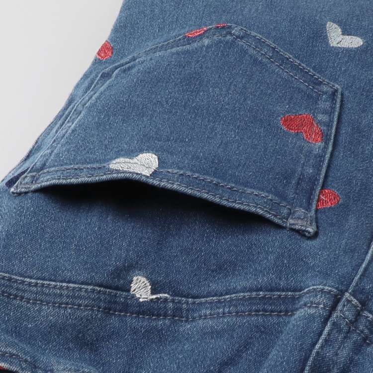 Flower and heart pattern embroidered stretch denim pants