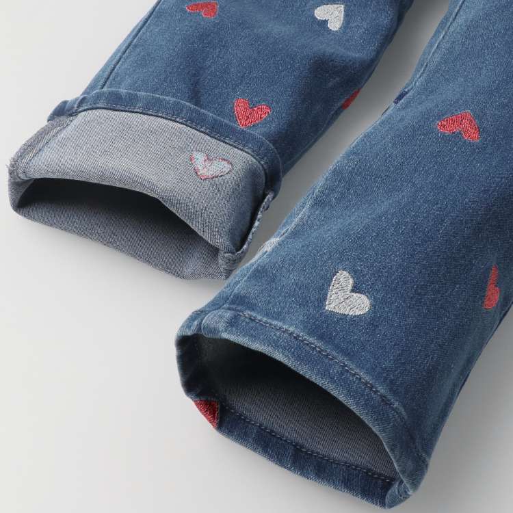 Flower and heart pattern embroidered stretch denim pants