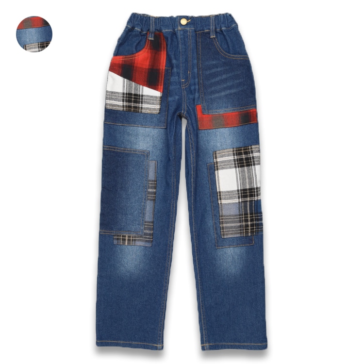 Patchwork-style stretch denim pants (140-160cm)