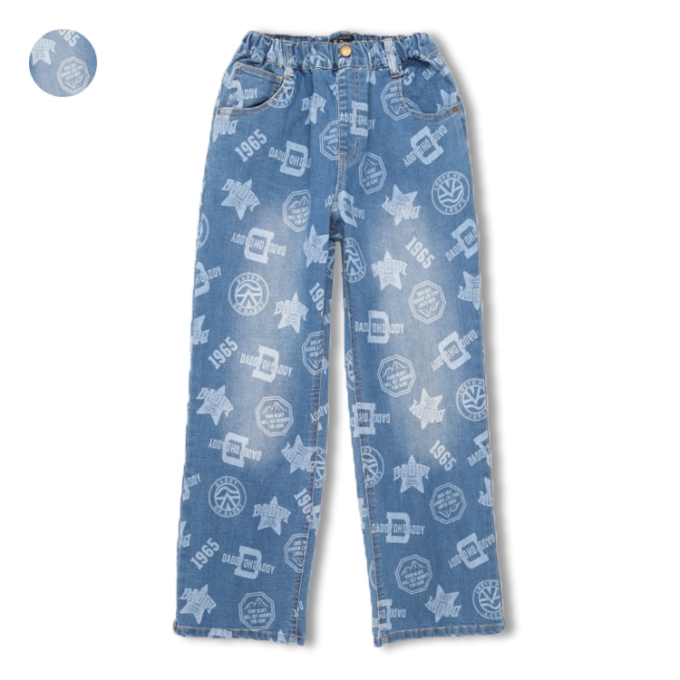 All-over print stretch denim pants (140-160cm) (blue, 150cm)