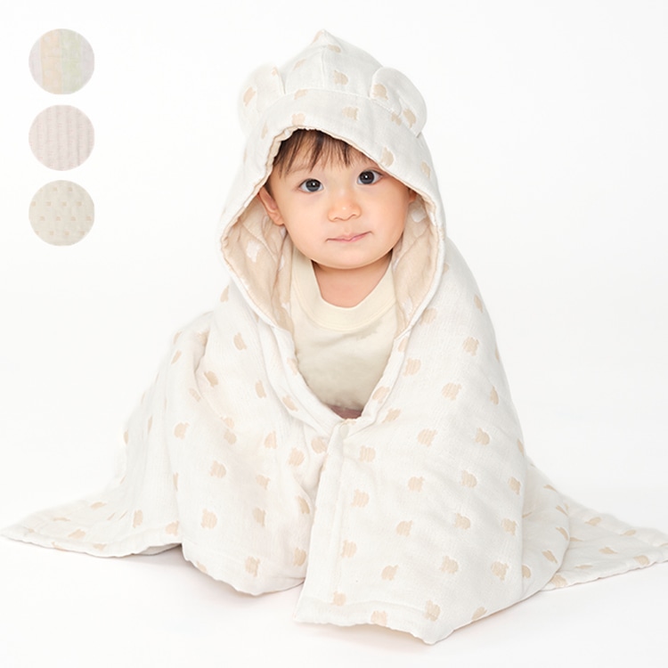 Soft gauze bath poncho/cloak with ears and pattern (bear pattern, free size)