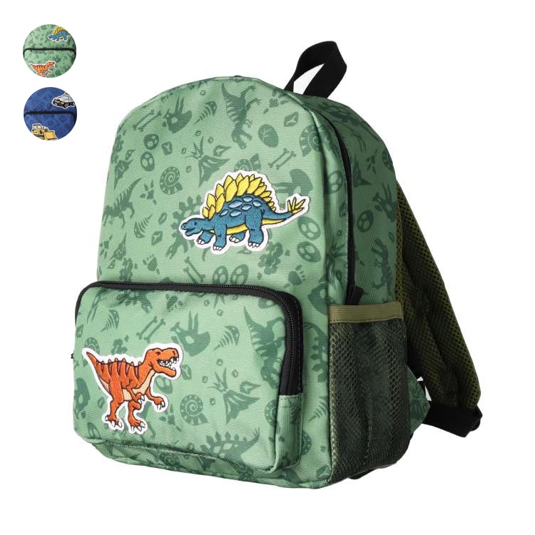 Water-repellent backpack with dinosaur and working car patterned patch (blue, M)