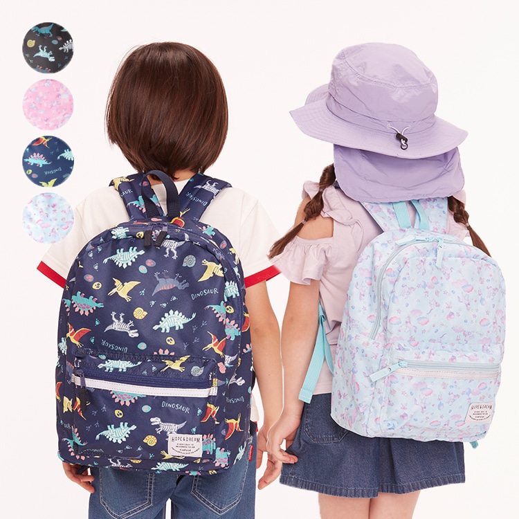 Dinosaur and unicorn print water-repellent backpack (pink, L)