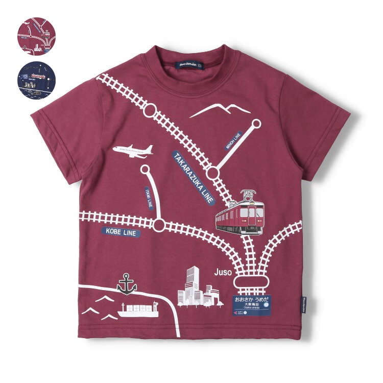 Hankyu Railway Track Map Short Sleeve T-shirt (Red, 130cm)