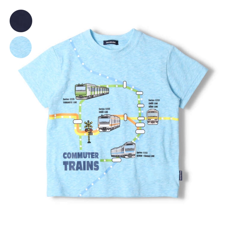 Conventional train route map short sleeve T-shirt (light blue, 110cm)