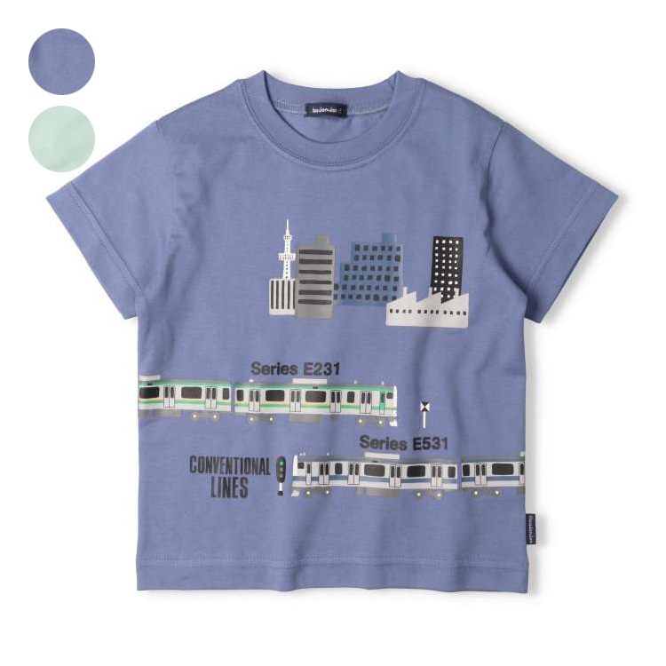 【ネット限定】JR在来線電車街並み半袖Tシャツ(ライトグリーン, 130cm)