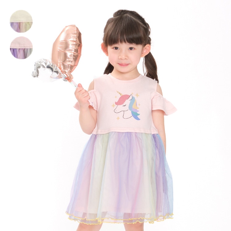 [Online only] Unicorn rainbow tulle short sleeve dress (pink, 110cm)