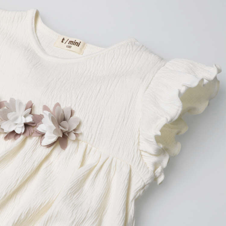[Online only] Flower sleeve ruffle shirring T-shirt