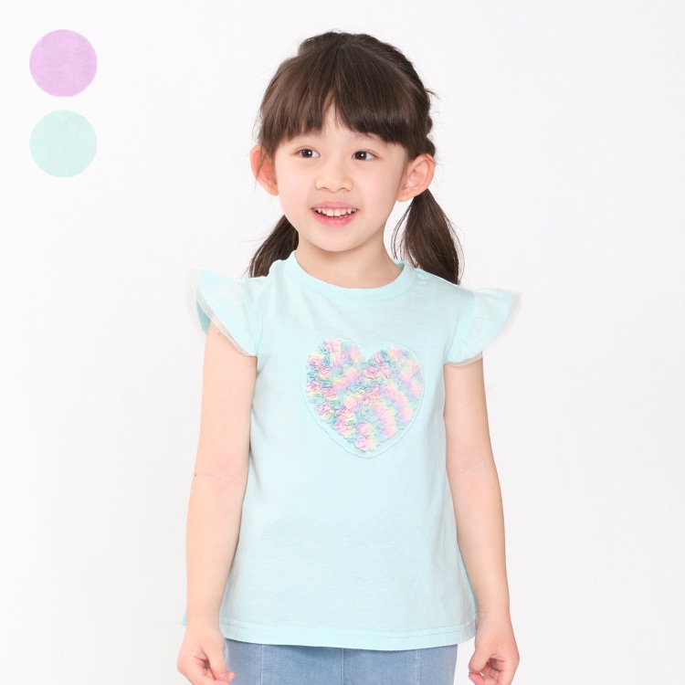 [Online only] 3D rainbow heart sleeve frill T-shirt (lavender, 130cm)