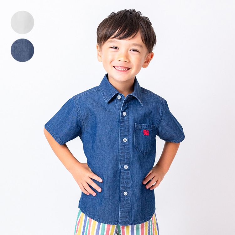 Denim chambray short-sleeved shirt (blue, 140cm)