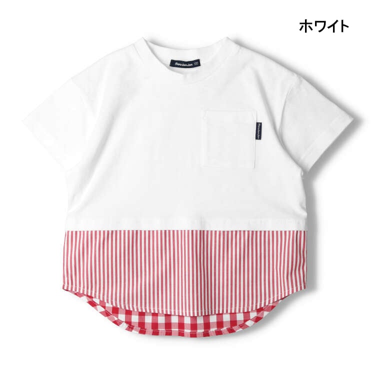 Check and stripe pattern short-sleeved T-shirt