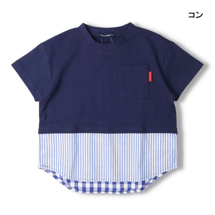 Check and stripe pattern short-sleeved T-shirt