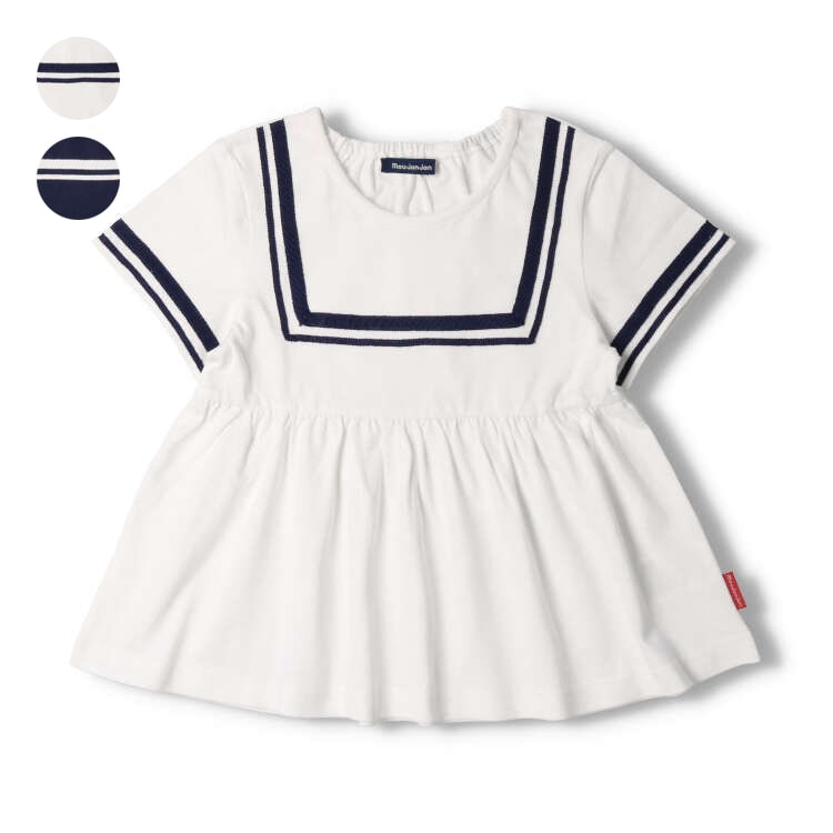 *ライン入りセーラーデザイン半袖Tシャツ(ホワイト, 130cm)
