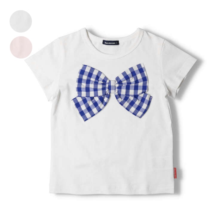 ギンガム・ストライプリボン半袖Tシャツ(ホワイト, 120cm)