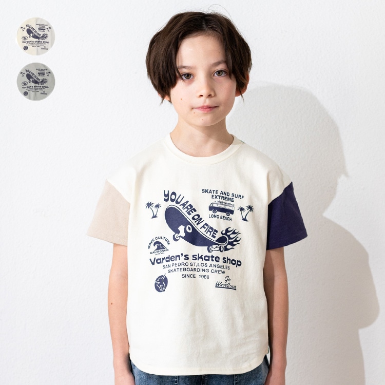 滑板印花拼色短袖T恤（米白色，100cm）