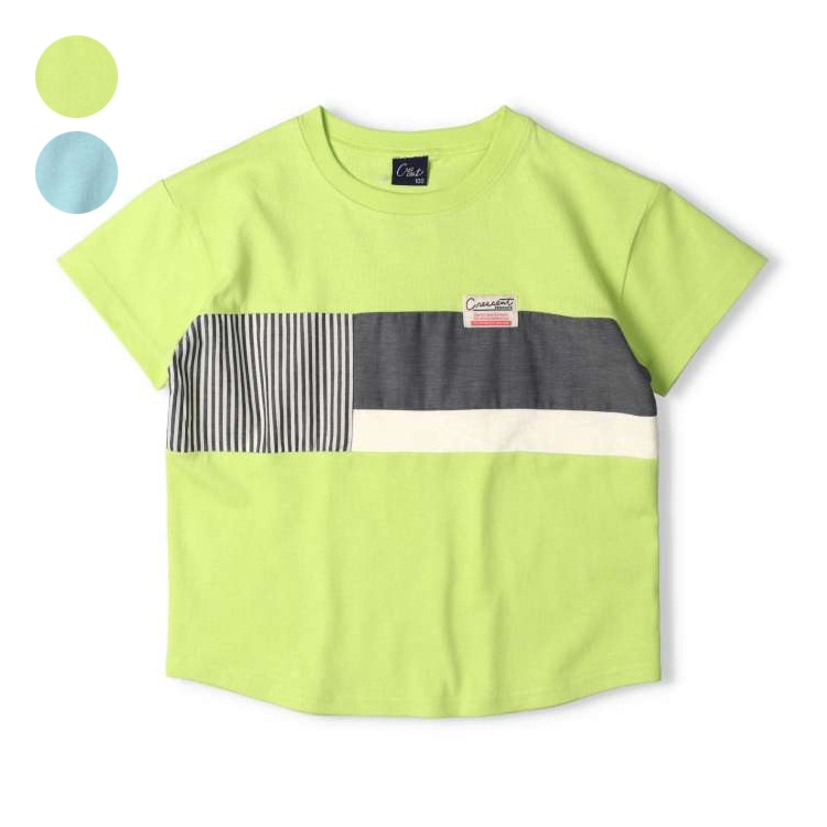 異素材切替ビックシルエット半袖Tシャツ(グリーン, 130cm)