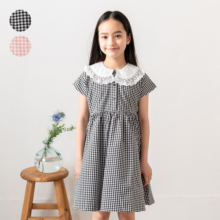 Gingham check collar lace dress (pink, 100cm)