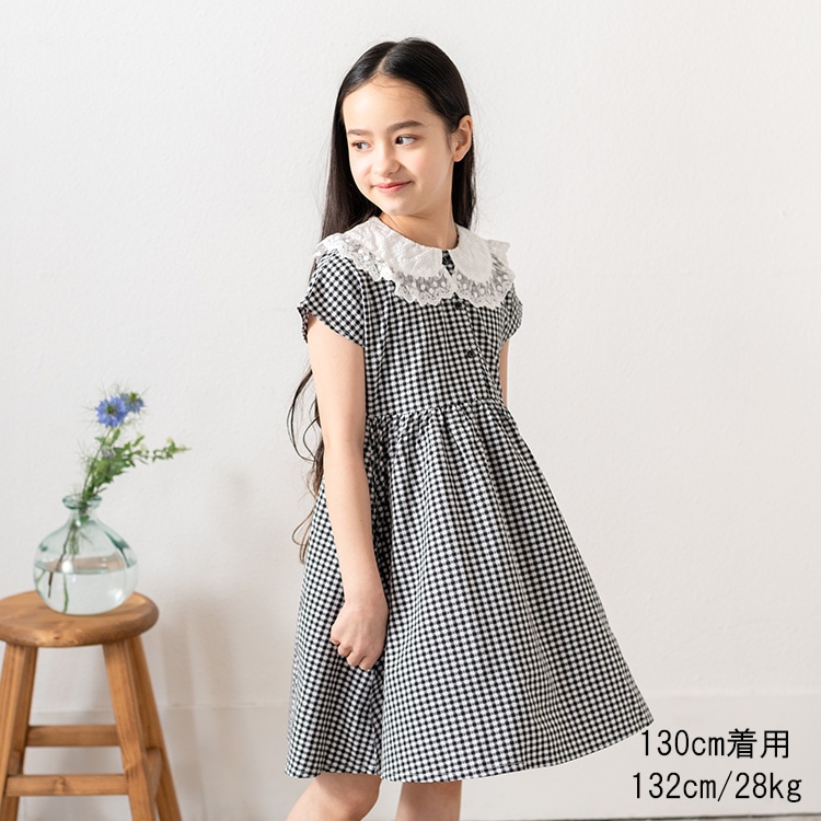 Gingham check collar lace dress