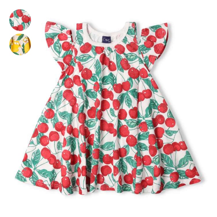 Cherry and lemon pattern off-the-shoulder dress