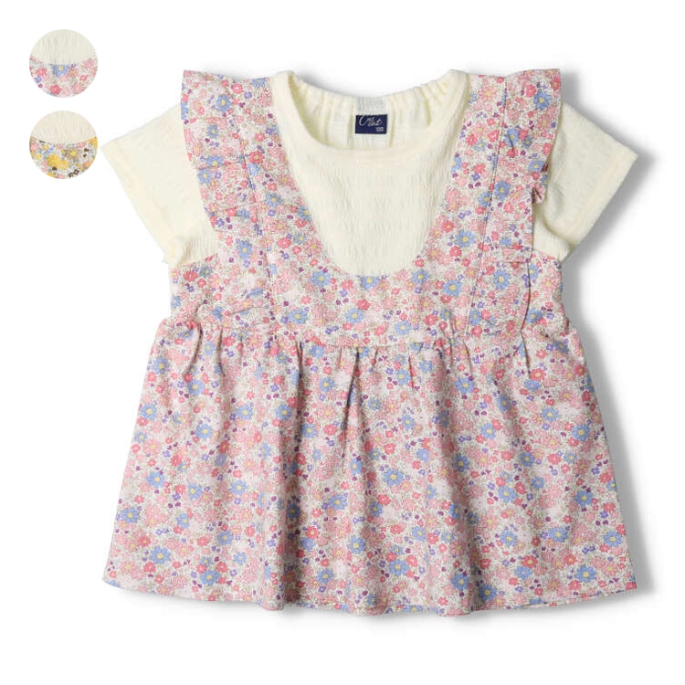 *花柄キャミレイヤード風半袖Tシャツ(ピンク, 130cm)