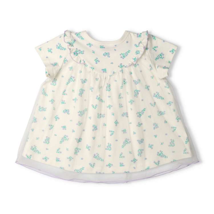 Short-sleeved T-shirt with small floral print and tulle