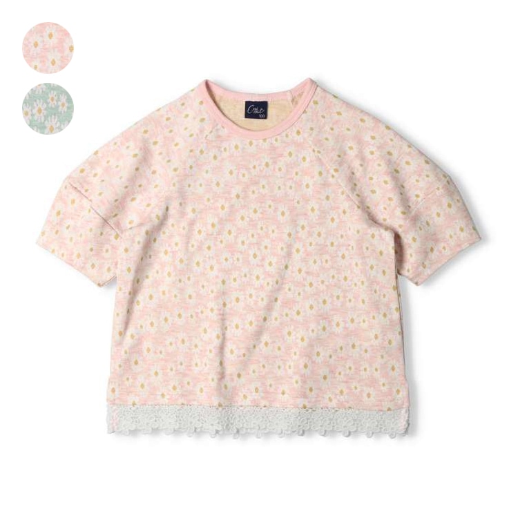 花柄ジャガードランタンスリーブ半袖Tシャツ(ピンク, 120cm)