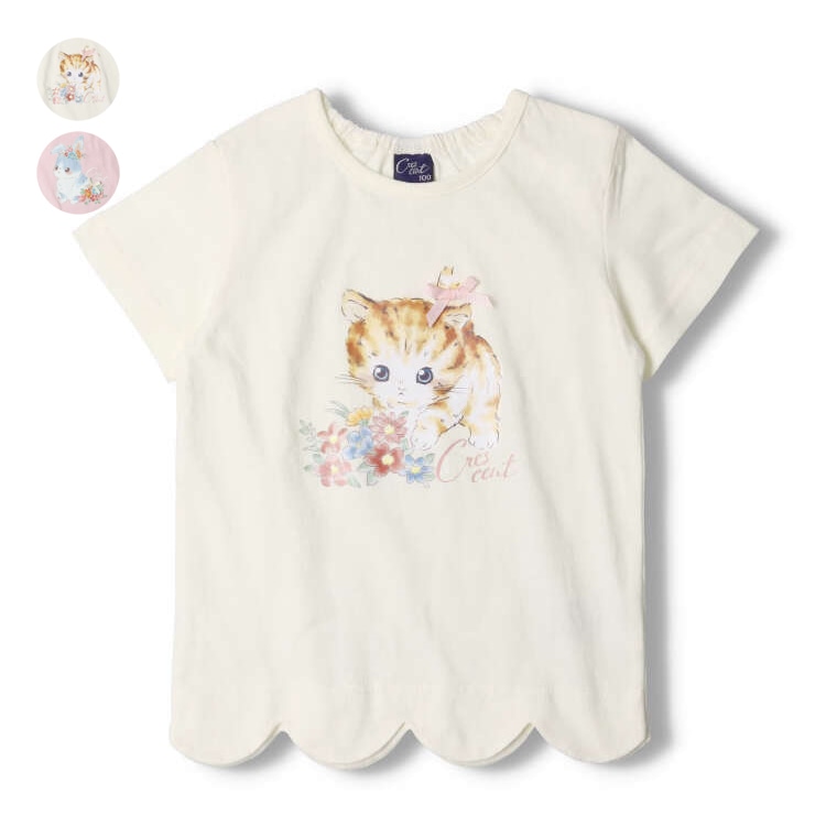 ネコ・ウサギ柄スカラップ半袖Tシャツ(ピンク, 110cm)