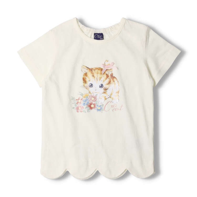 Cat and rabbit print scalloped short sleeve T-shirt