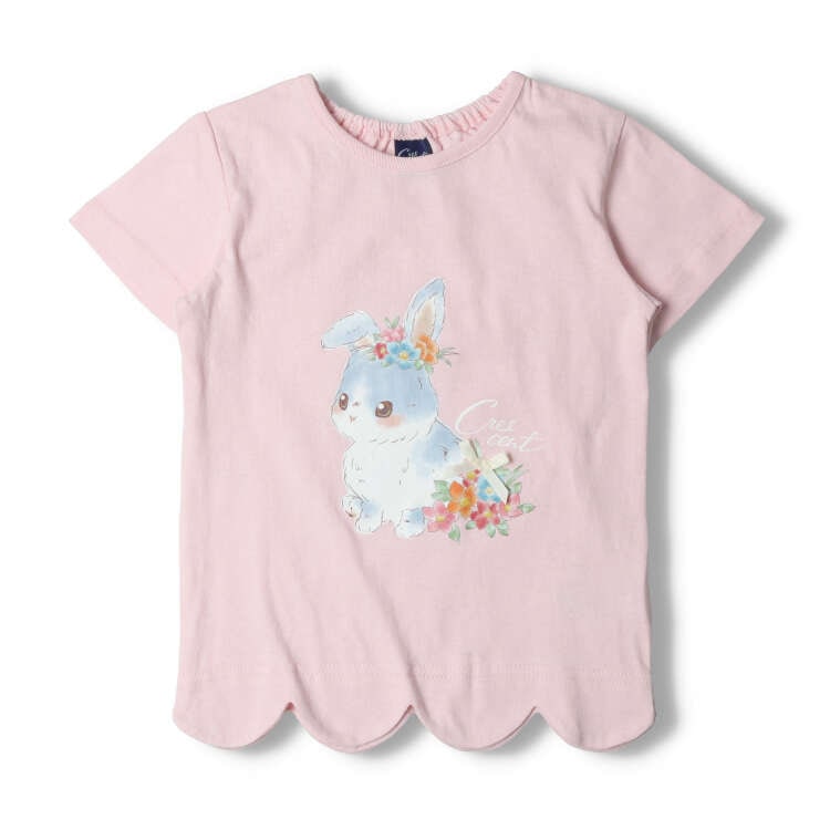Cat and rabbit print scalloped short sleeve T-shirt