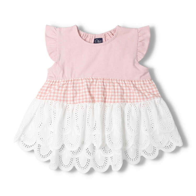 Gingham check lace switching tiered T-shirt