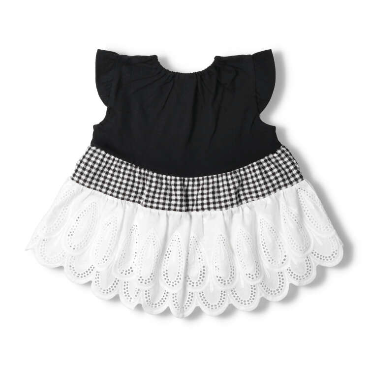 Gingham check lace switching tiered T-shirt