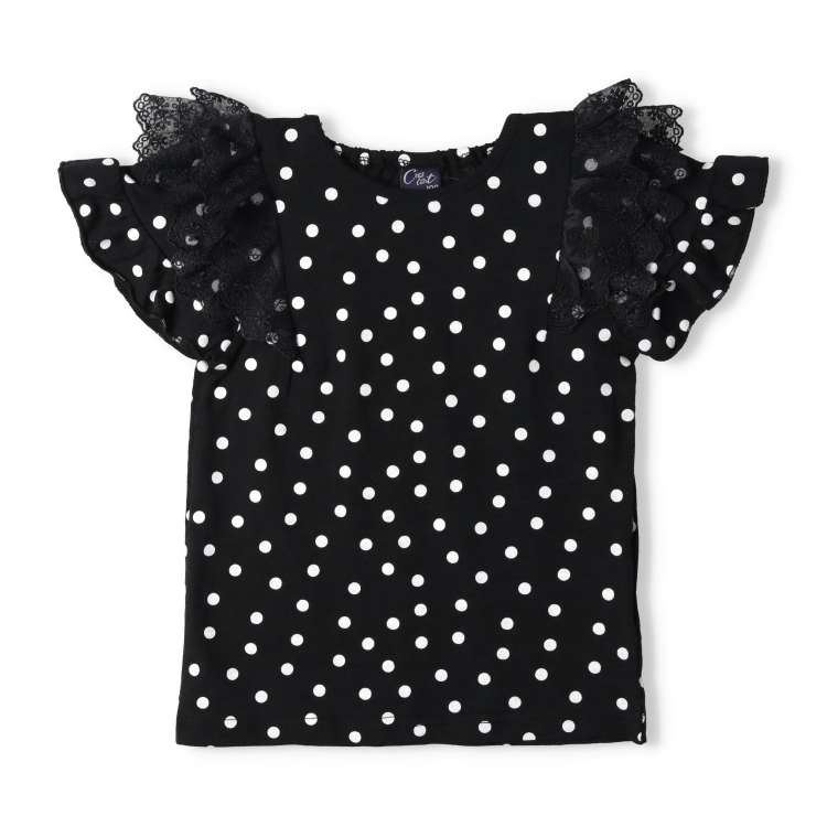 Polka dot pattern shoulder frill short sleeve T-shirt