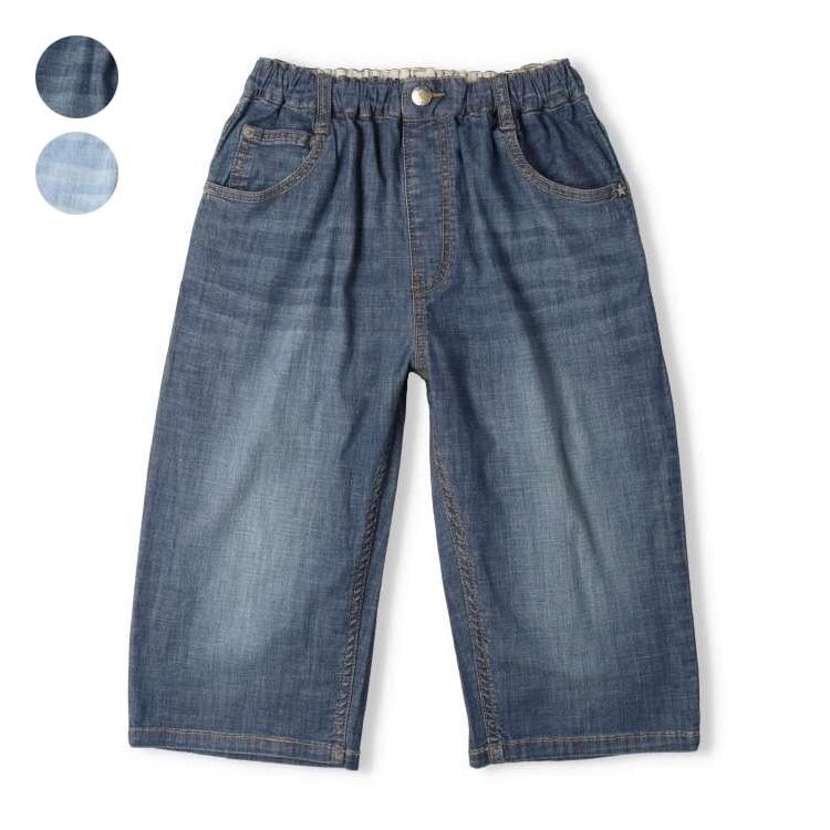 Stretch denim 6/8 length shorts (140cm-160cm) (Blue, 160cm)