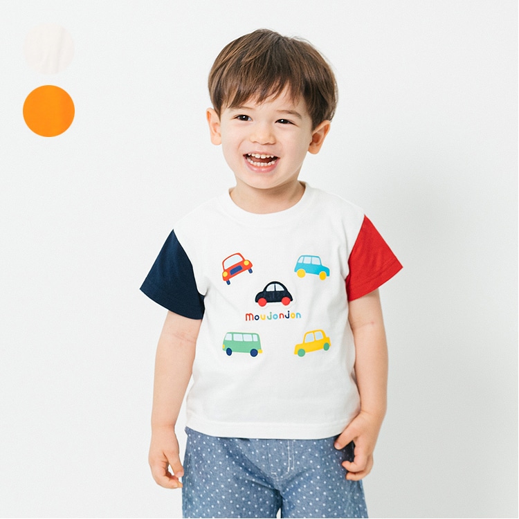 車アップリケプリント半袖Tシャツ(ホワイト, 110cm)