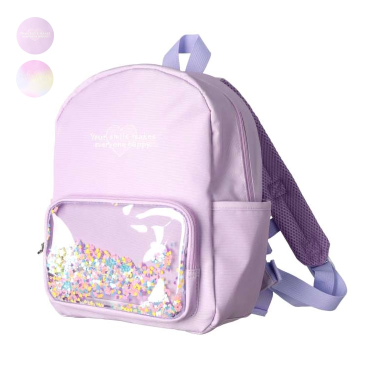 Water-repellent backpack with sparkling sequin pockets