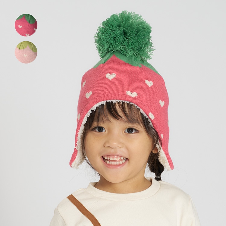 草莓圖案帶耳針織帽（紅色，53cm）