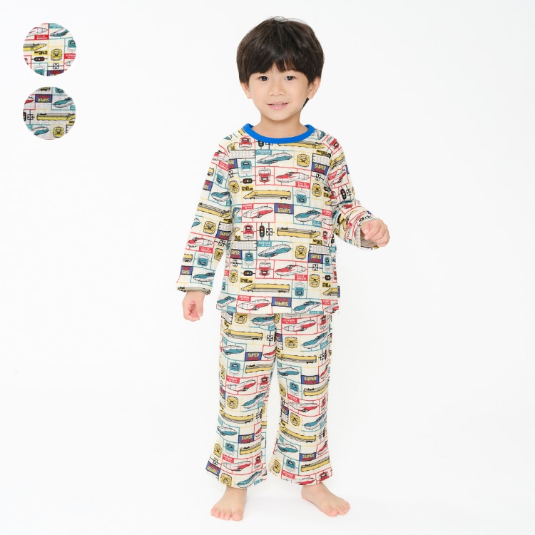 JR Shinkansen train plastic model style long sleeve quilted pajamas (off white, 110cm)