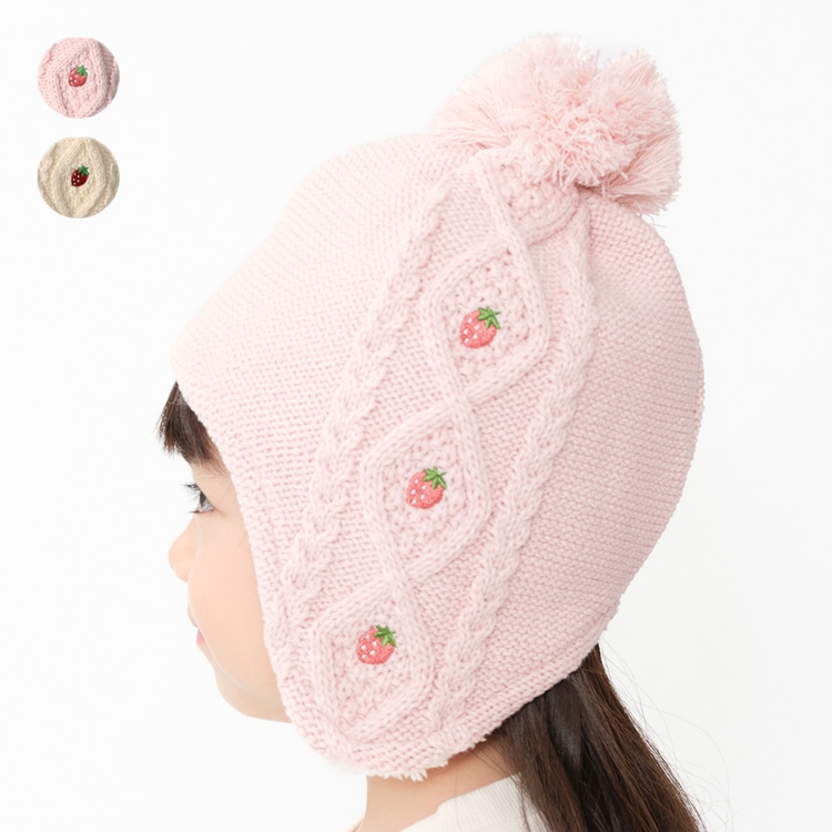 Strawberry embroidered acrylic knit hat with ears