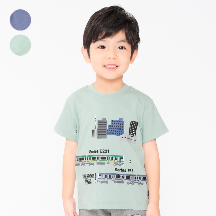 【WEB限定】JR在来線電車街並み半袖Tシャツ(ライトグリーン, 130cm)