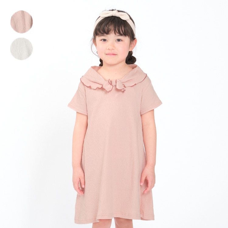 [Online only] Sailor-style shirred short-sleeved dress (pink, 100cm)