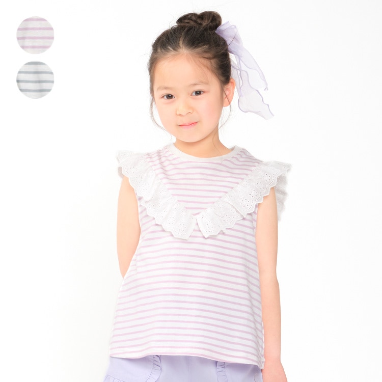 [Online only] Short-sleeved striped T-shirt with lace (lavender, 110cm)