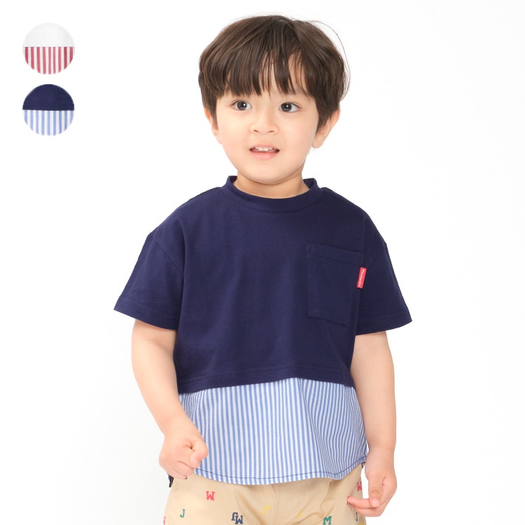 Check and stripe pattern short-sleeved T-shirt (con, 140cm)